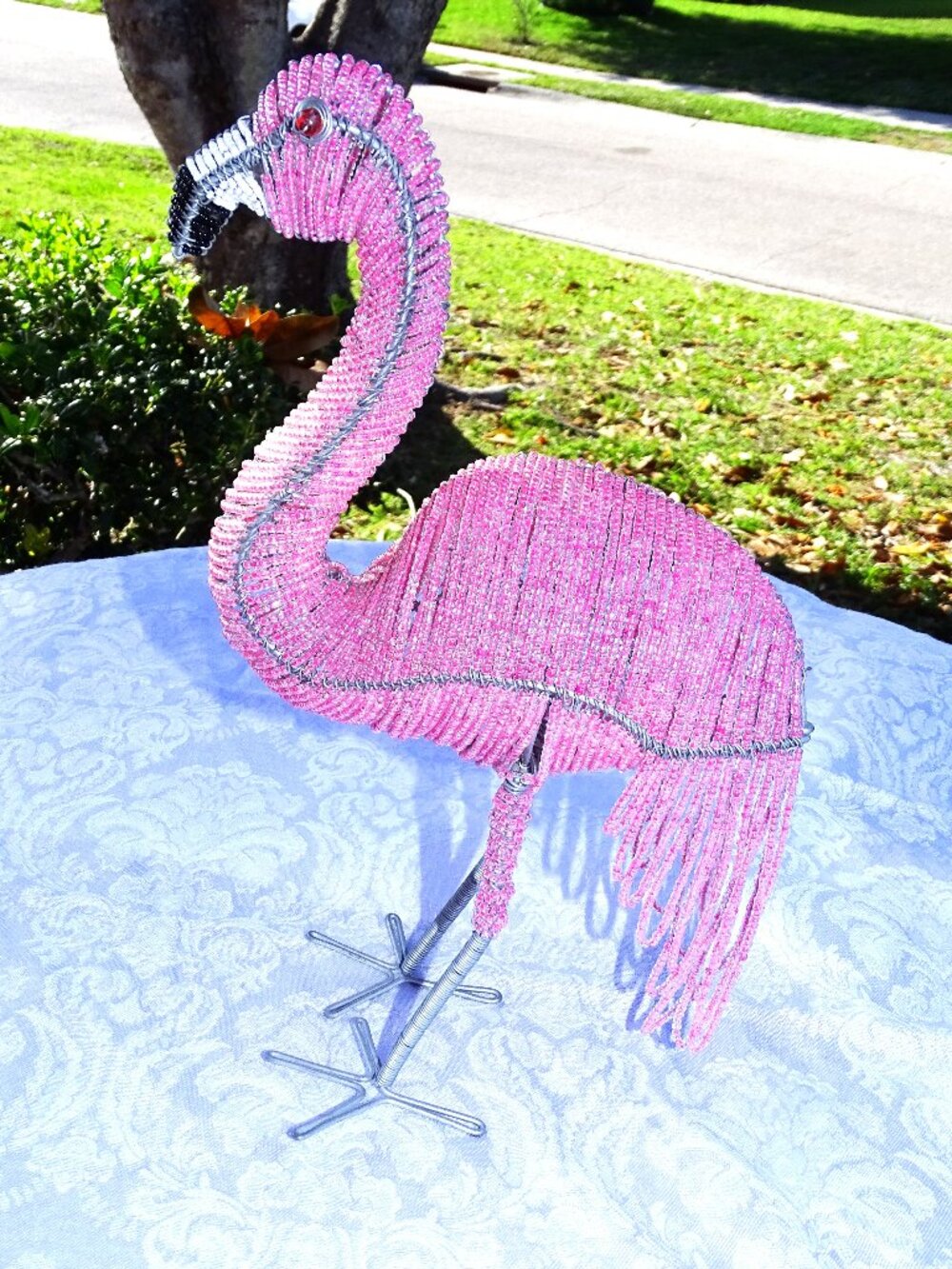 Handcrafted Florida Artisan Pink Beaded Wire Flamingo Sculpture 12 1/2"